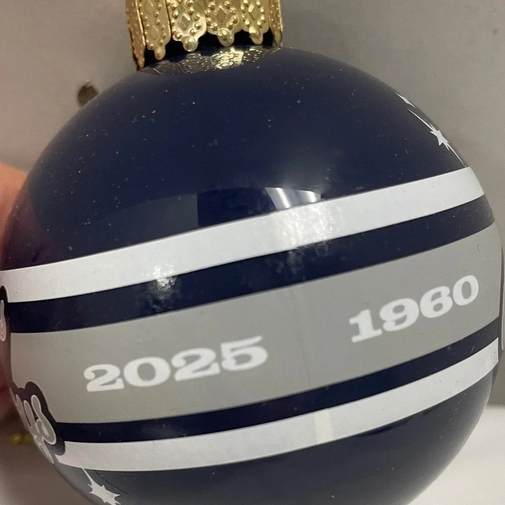 Dallas Cowboys NFL FOCO Glass Ball Christmas Ornament Navy Blue Silver 2025 1960